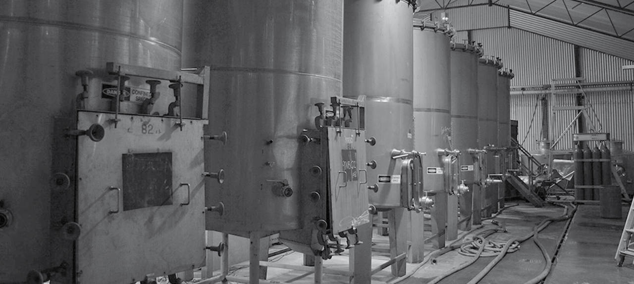 Wine fermentation tanks.
