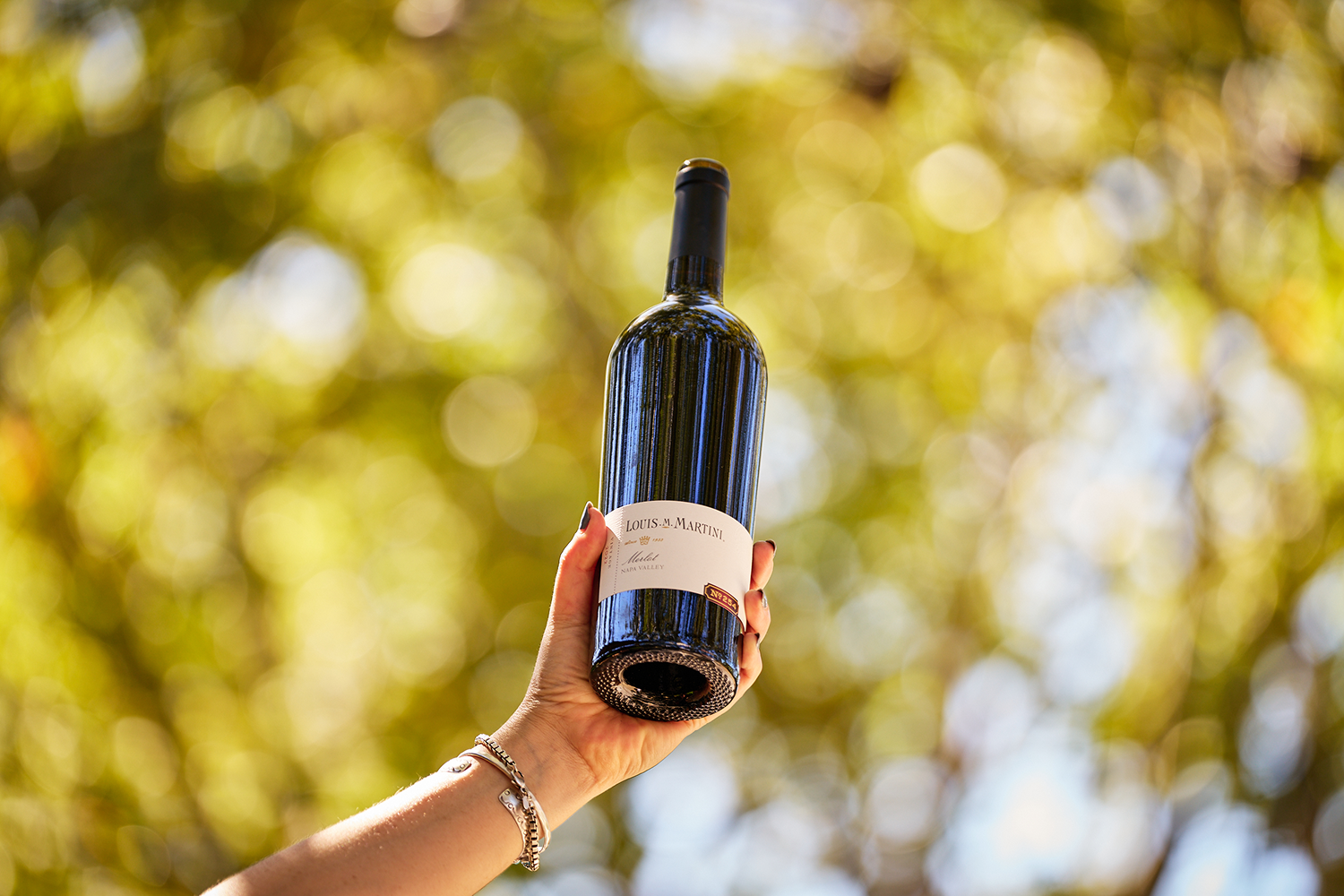 Hand holding Louis M. Martini wine bottle