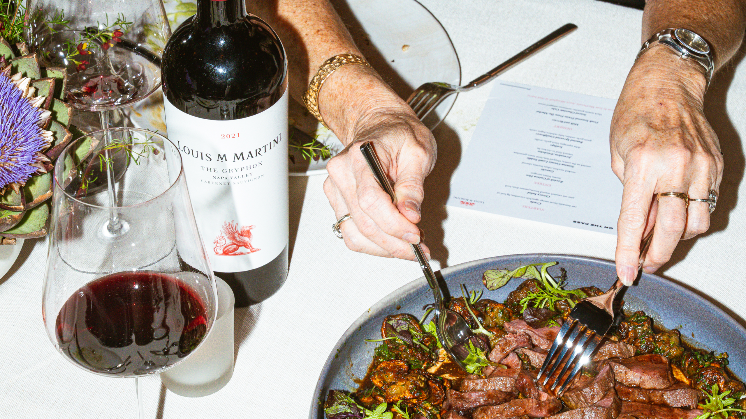 wine and food on table