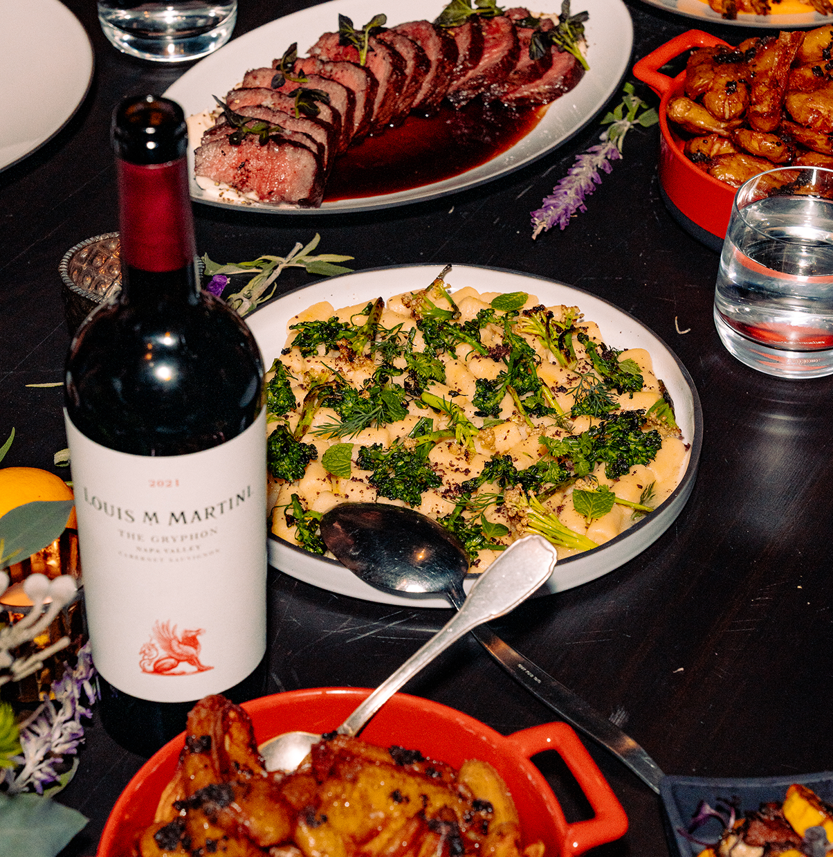 table spread for dinner with Louis m. martini wine